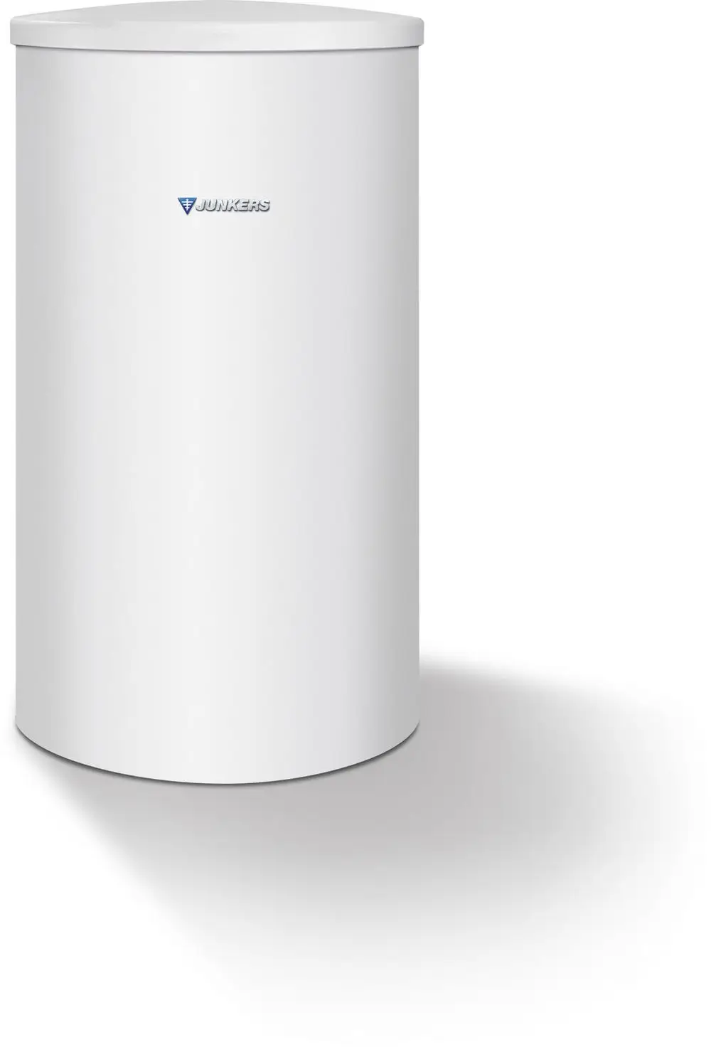 Weißer, zylindrischer Warmwasserspeicher von Bosch mit glatter Oberfläche und rundem Deckel. Emaillierter Stahlbehälter, geeignet für die Installation in verschiedenen Umgebungen.